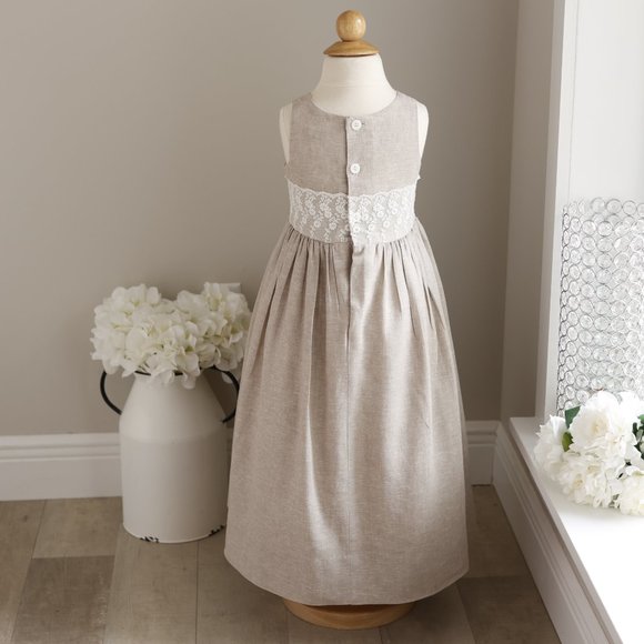 Linen Dress Girls Flax Bailey Boys Boutique Vintage Lace Trim LIKE NEW - Picture 4 of 8